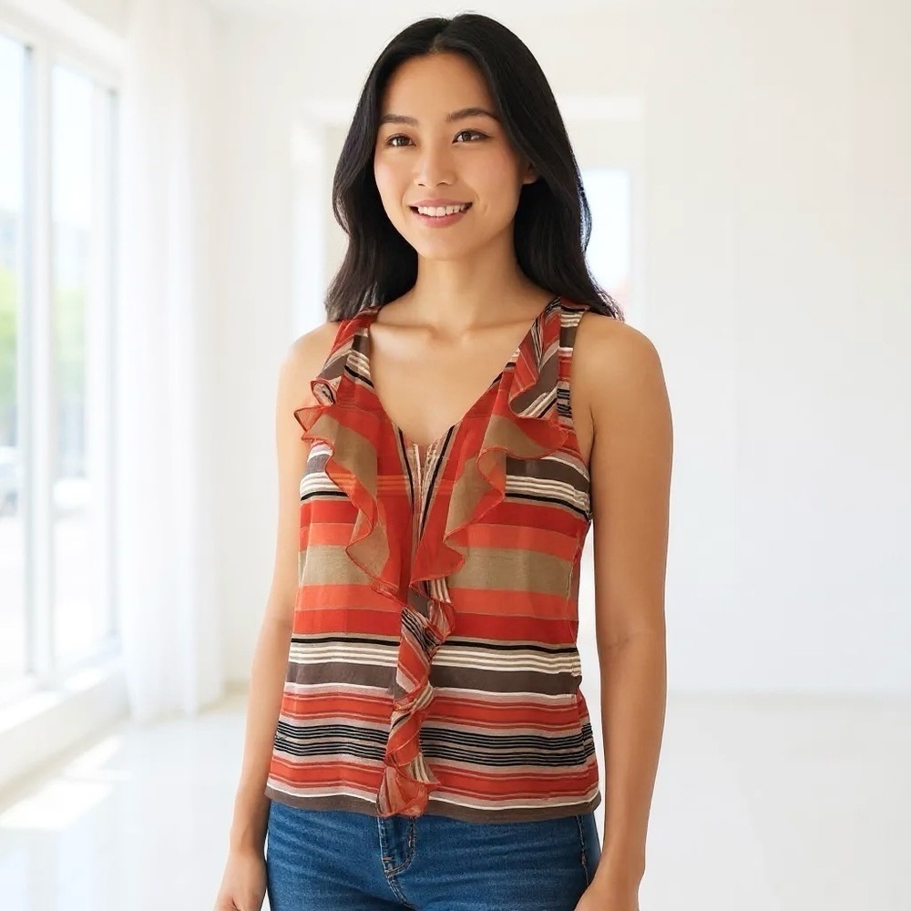 CACHE Size S Red Orange Tan Black Stripe Ruffle Top R $68